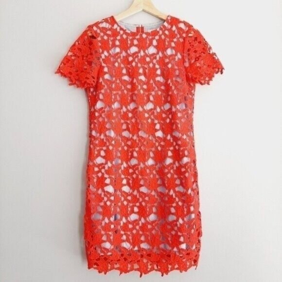 TWIK Simons Red Floral Lace Overlay Sheath Dress Sz S - Picture 3 of 11